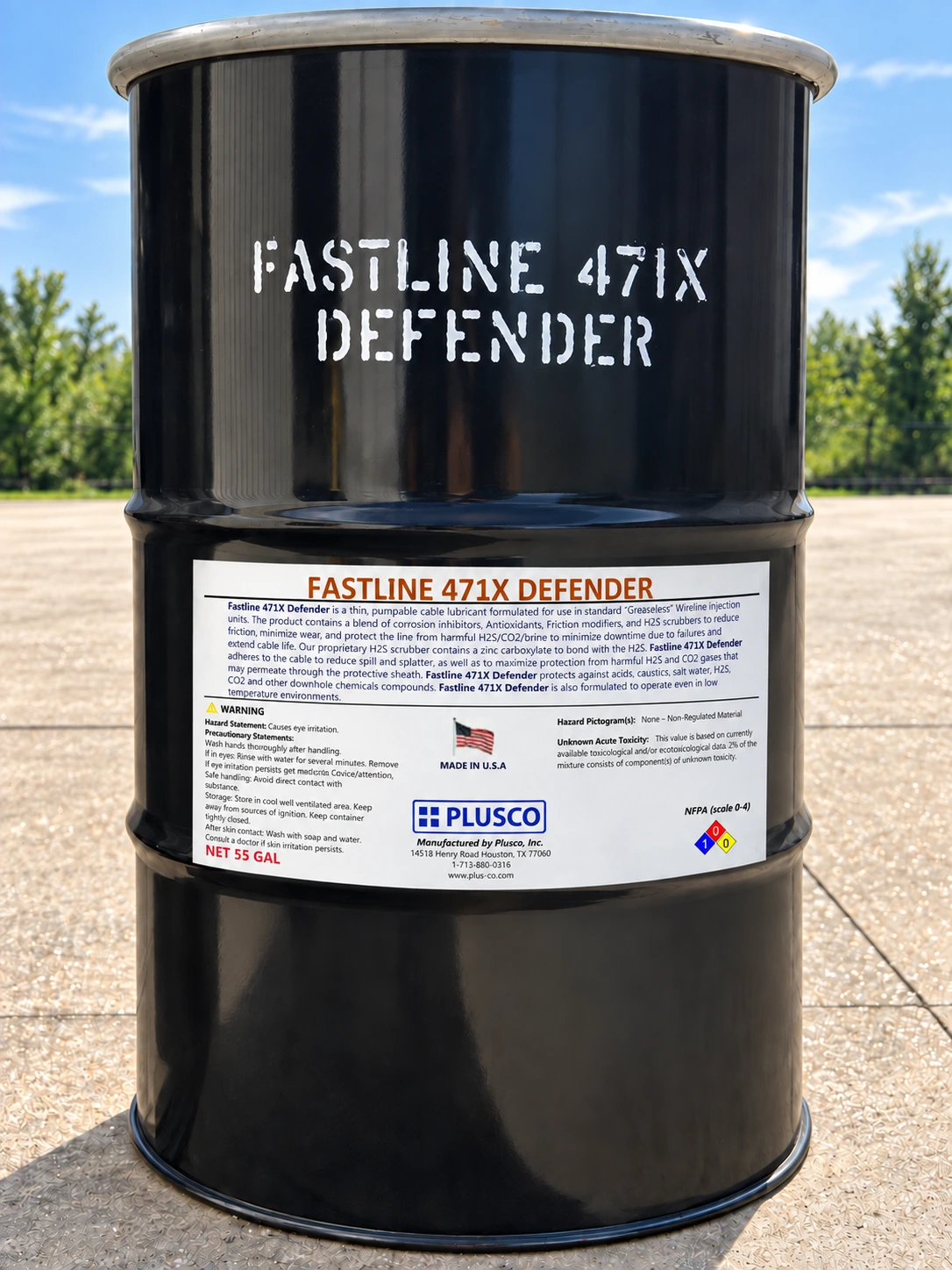 AI-generated 55-gallon drum mockup for FASTLINE 471X DEFENDER