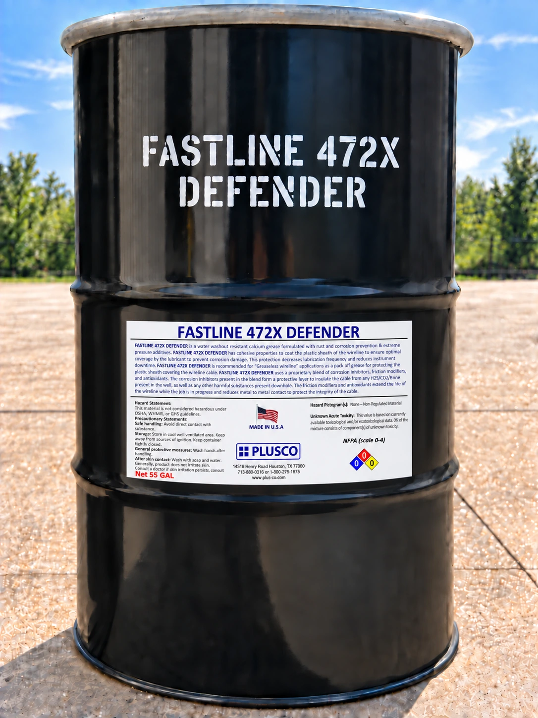 AI-generated 55-gallon drum mockup for FASTLINE 472X DEFENDER