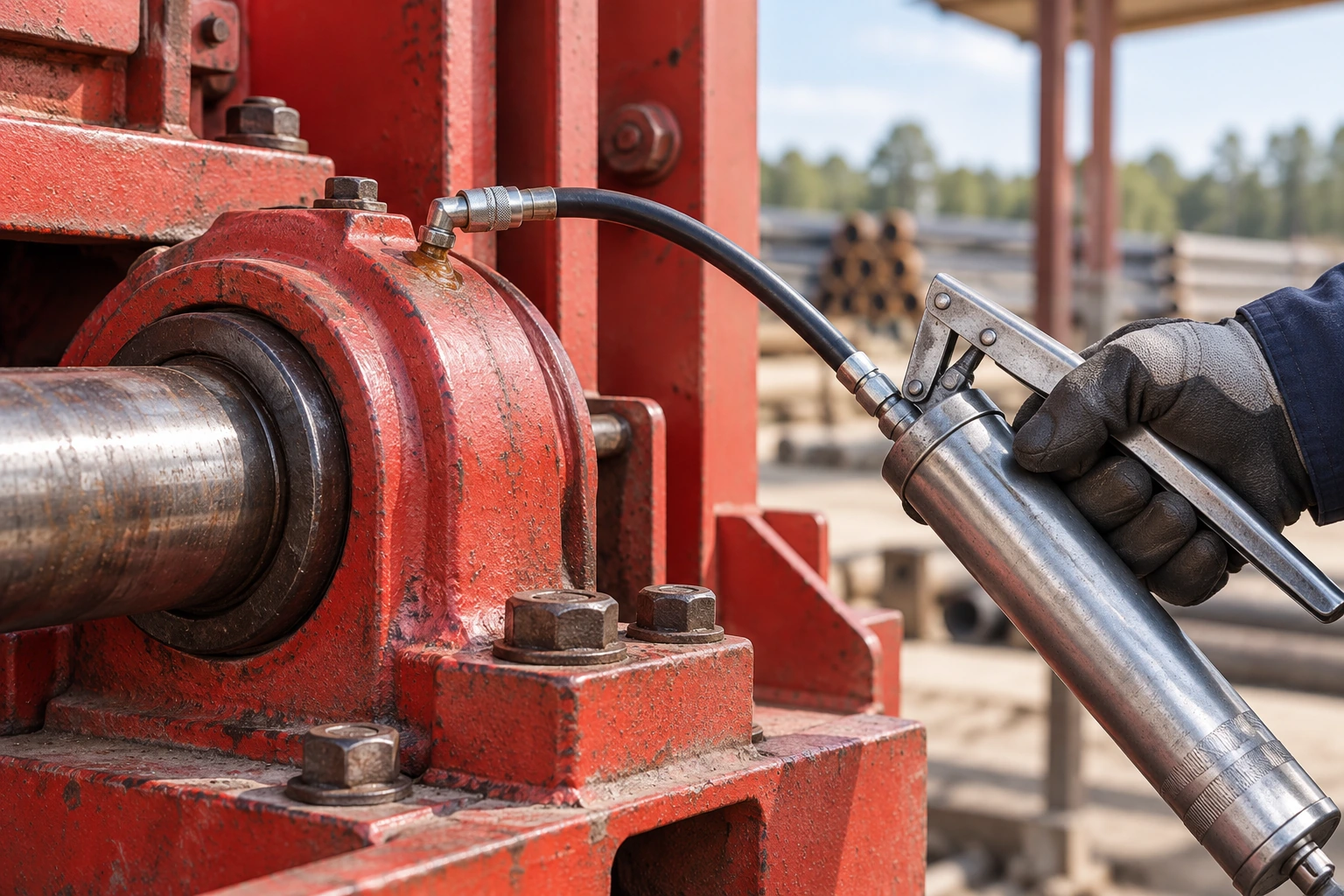 Illustration of a grease gun lubricating an industrial bearing