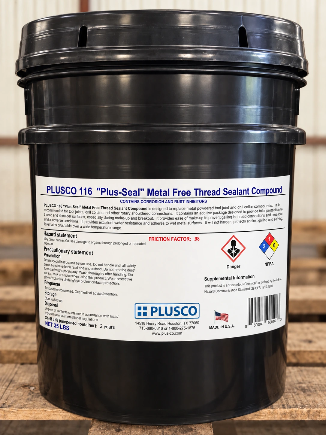 AI-generated pail mockup for PLUSCO 116 Plus-Seal Metal Free Thread Sealant Compound