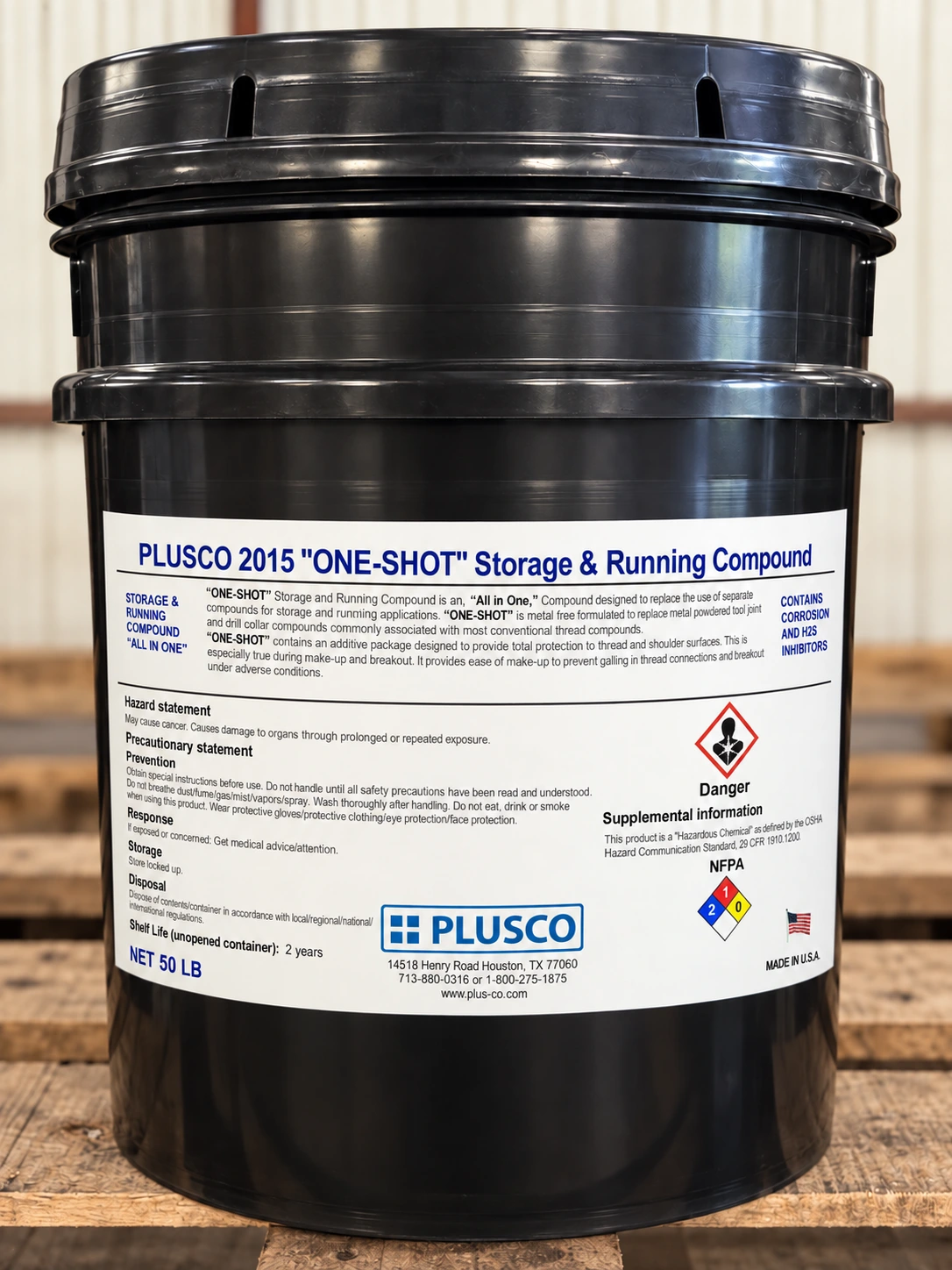 AI-generated pail mockup for PLUSCO 2015 ONE-SHOT Storage and Running Compound