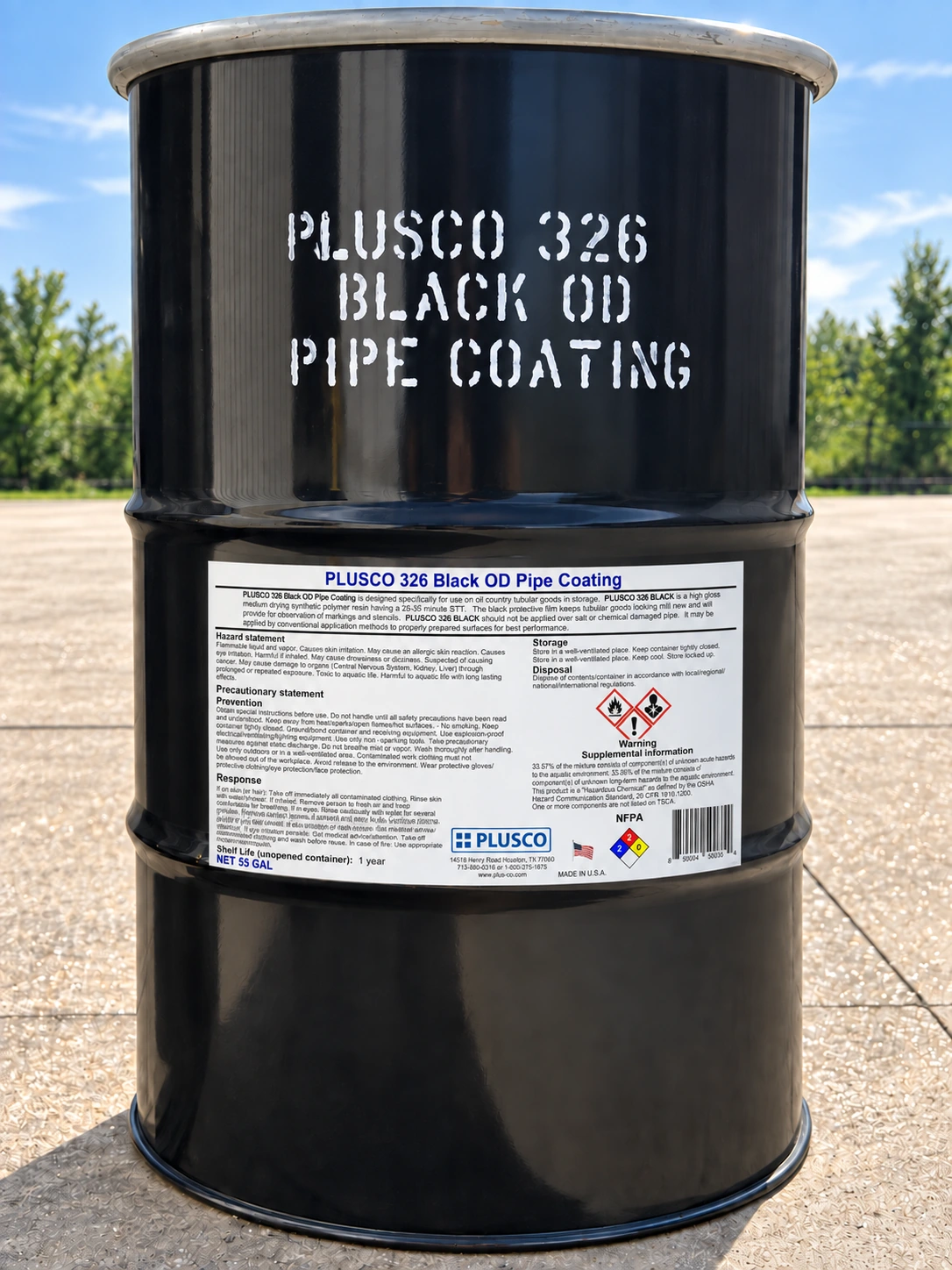 AI-generated 55-gallon drum mockup for PLUSCO 326 Black OD Pipe Coating
