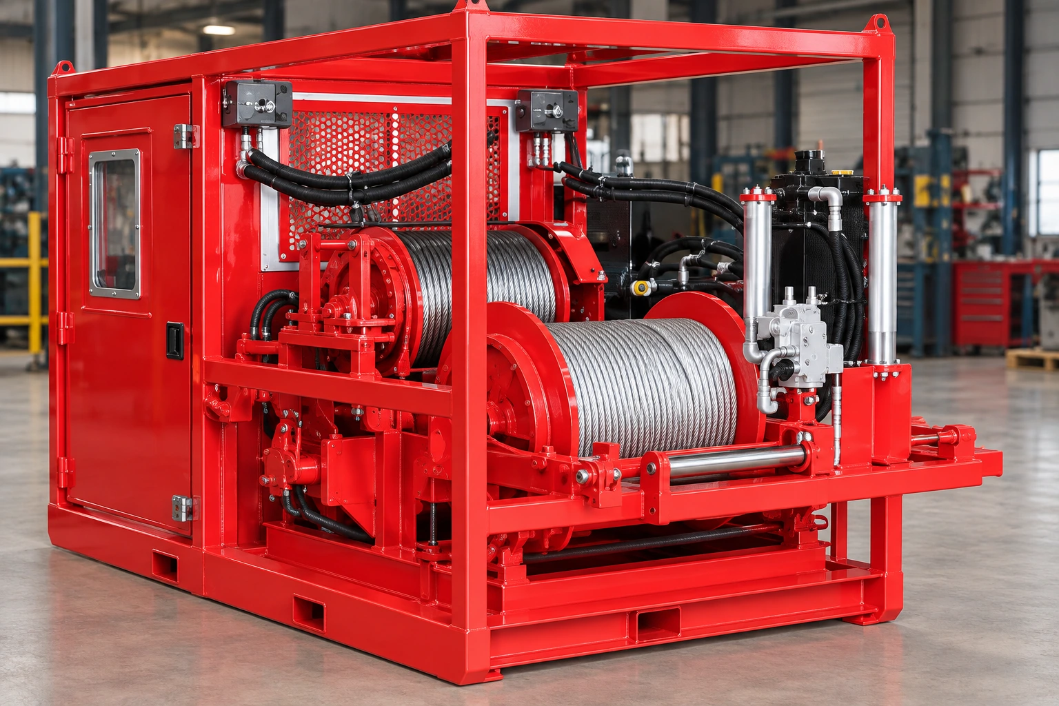 AI-generated illustration of a red wireline winch unit for PLUSCO 402