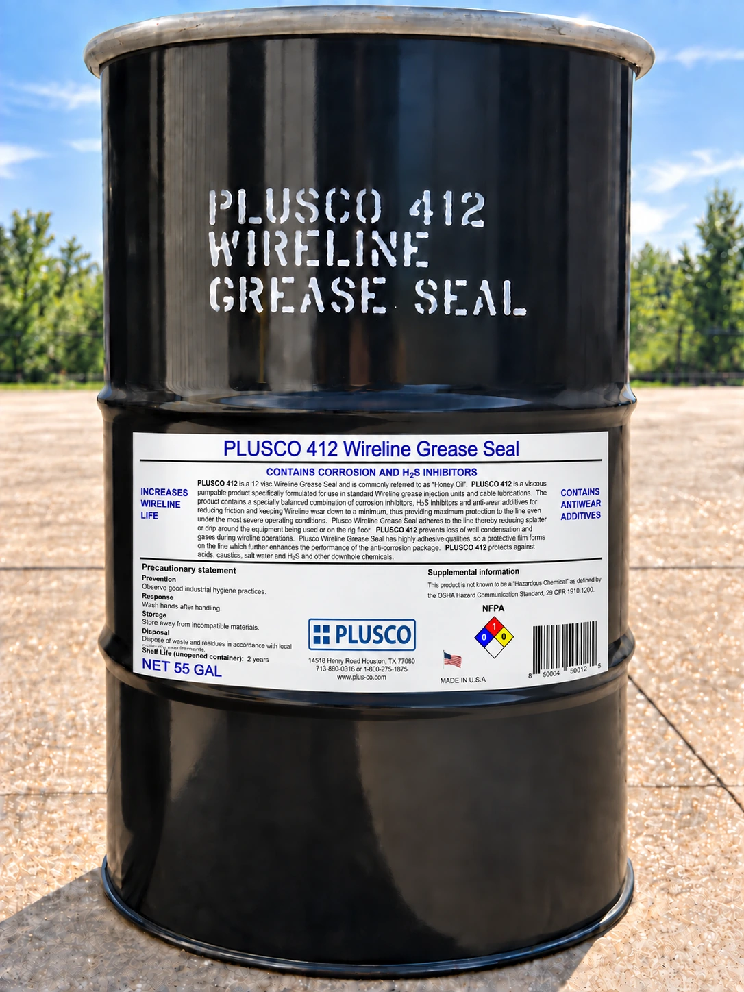 AI-generated 55-gallon drum mockup for PLUSCO 412 Wireline Grease Seal