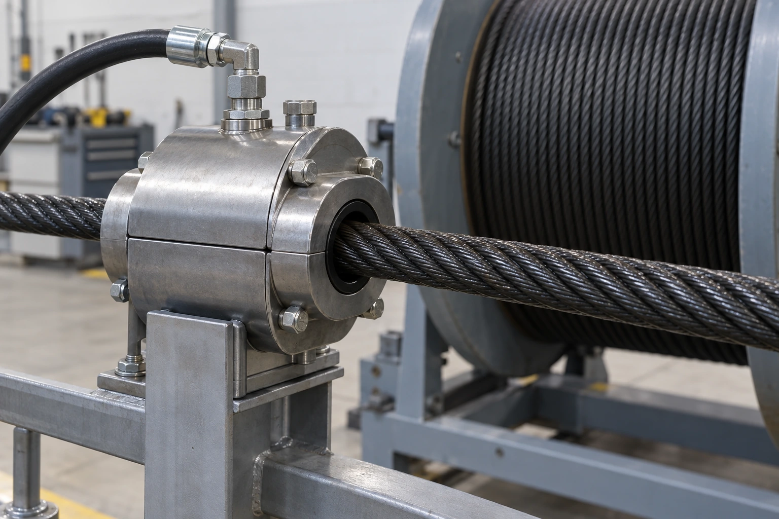 AI-generated illustration of black-coated cable passing through a pressure lubricator for PLUSCO 438
