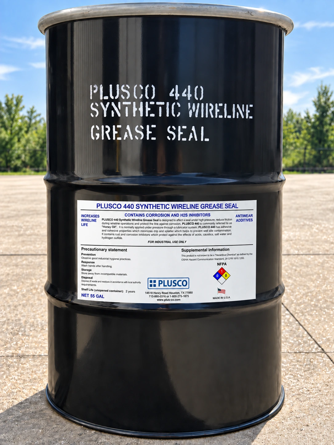 AI-generated 55-gallon drum mockup for PLUSCO 440 Synthetic Wireline Grease Seal