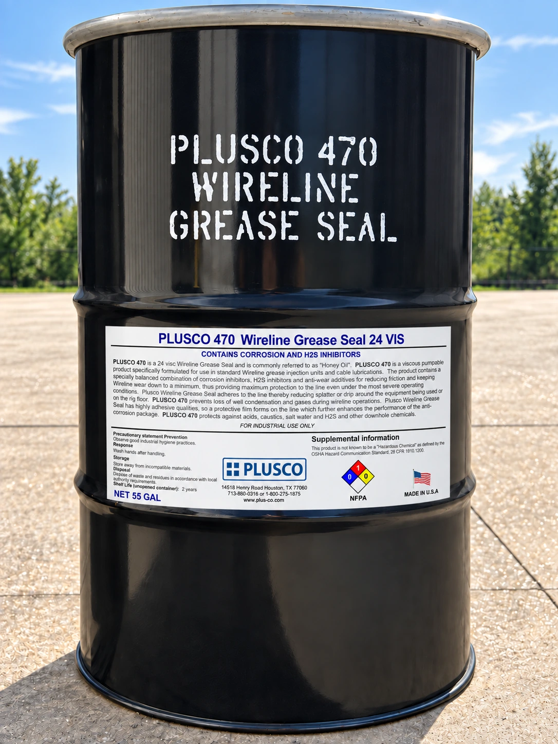 AI-generated 55-gallon drum mockup for PLUSCO 470 Wireline Grease Seal