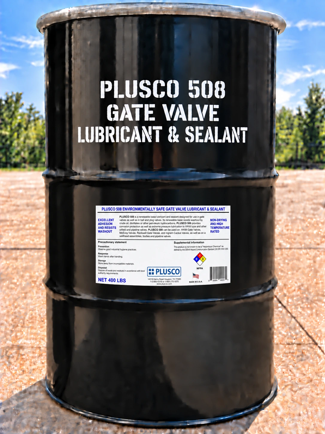 AI-generated drum mockup for PLUSCO 508 Gate Valve Lubricant and Sealant
