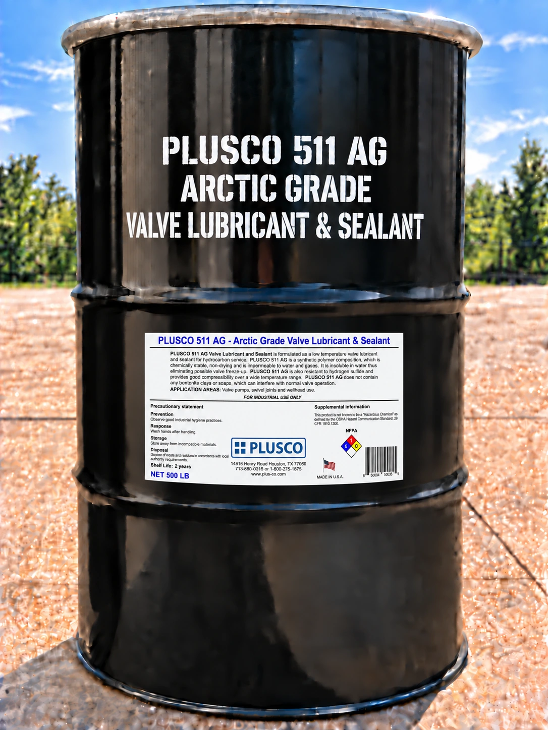 AI-generated drum mockup for PLUSCO 511 AG Arctic Grade Valve Lubricant and Sealant