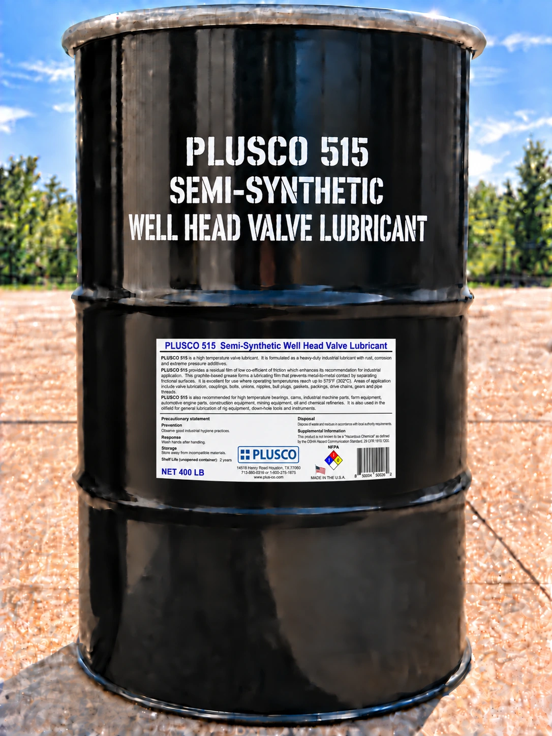AI-generated drum mockup for PLUSCO 515 Semi-Synthetic Well Head Valve Lubricant
