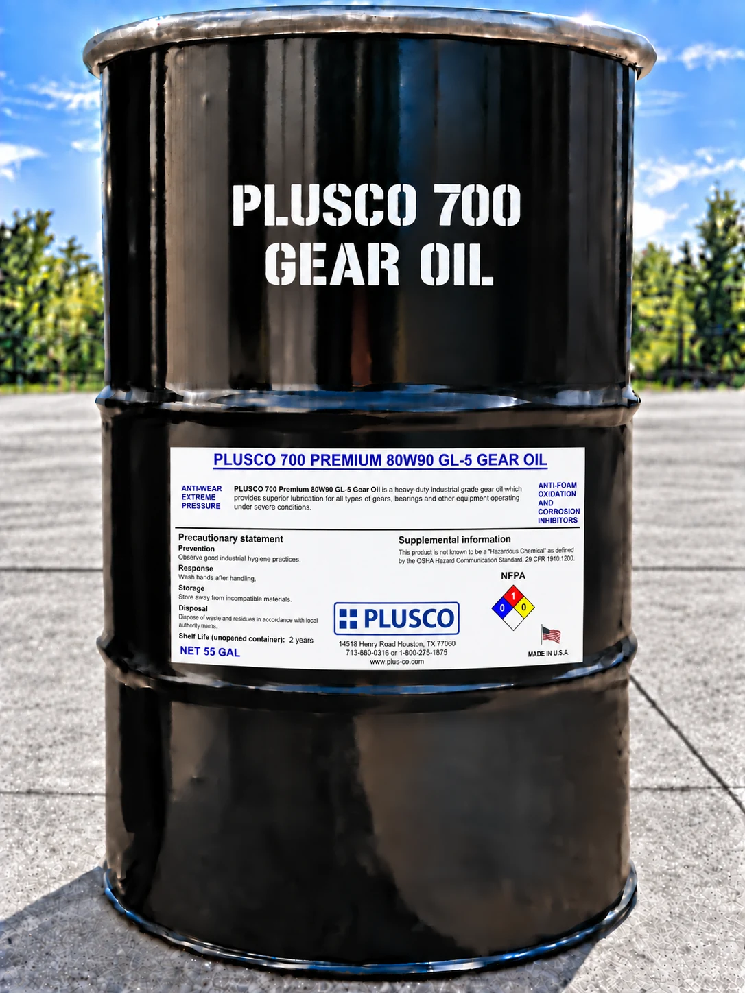 PLUSCO 700 Premium 80W90 GL-5 Gear Oil in a 55-gallon drum