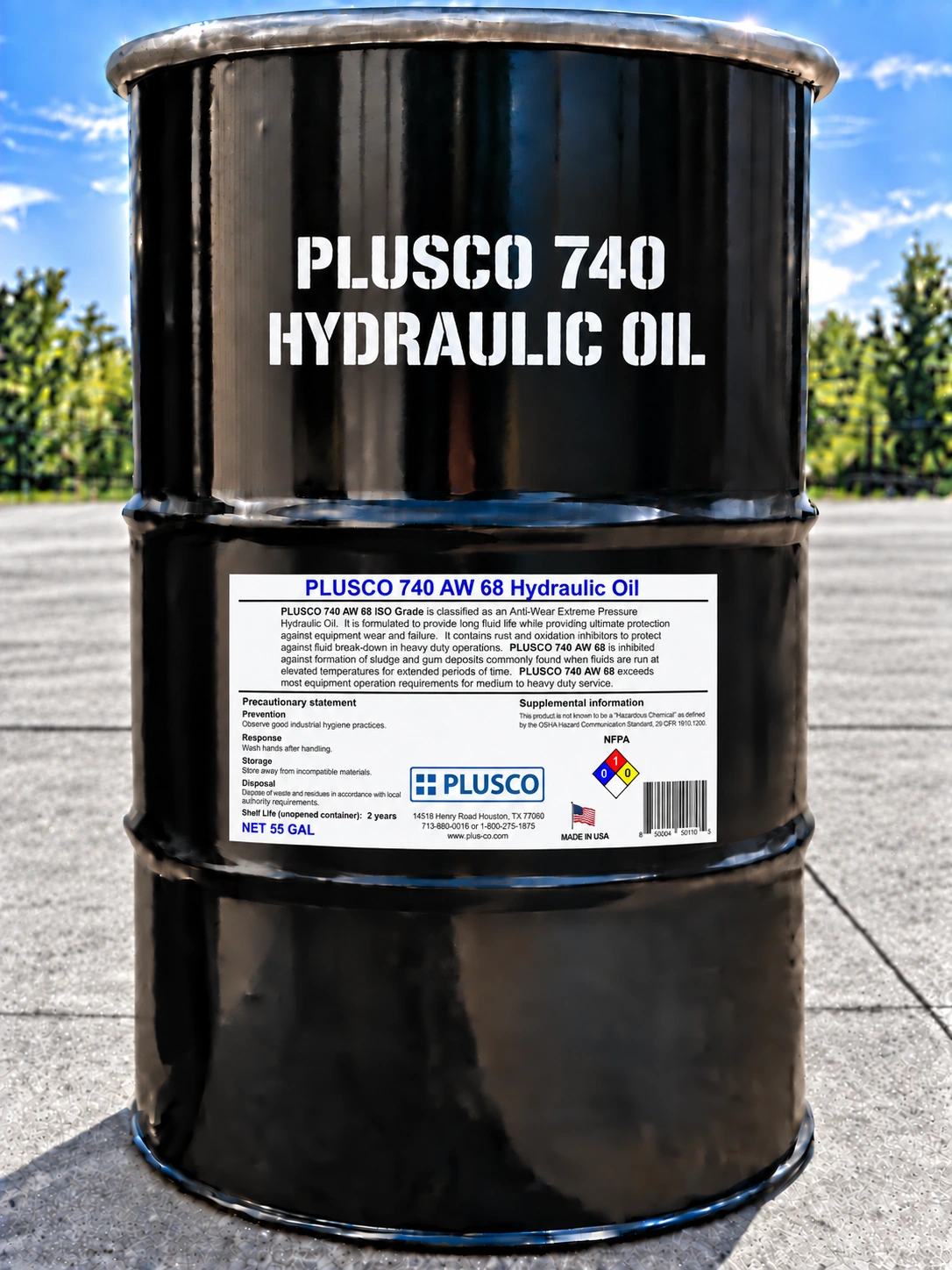 AI-generated 55-gallon drum mockup for PLUSCO 740 AW 68 Hydraulic Oil