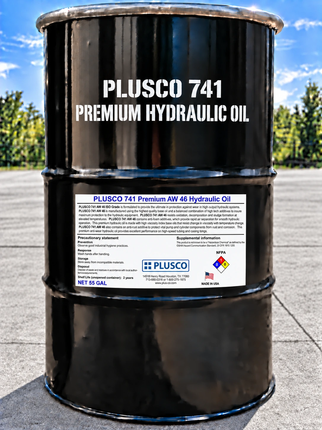 AI-generated 55-gallon drum mockup for PLUSCO 741 Premium AW 46 Hydraulic Oil