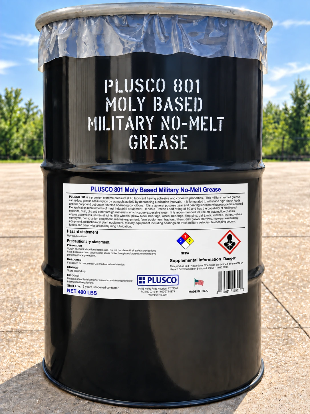 AI-generated drum mockup for PLUSCO 801 Moly Based Military No-Melt Grease