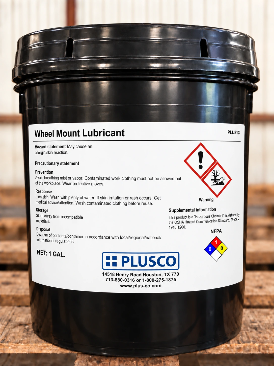 AI-generated bucket mockup for PLUSCO 813 Wheel Mount Lubricant