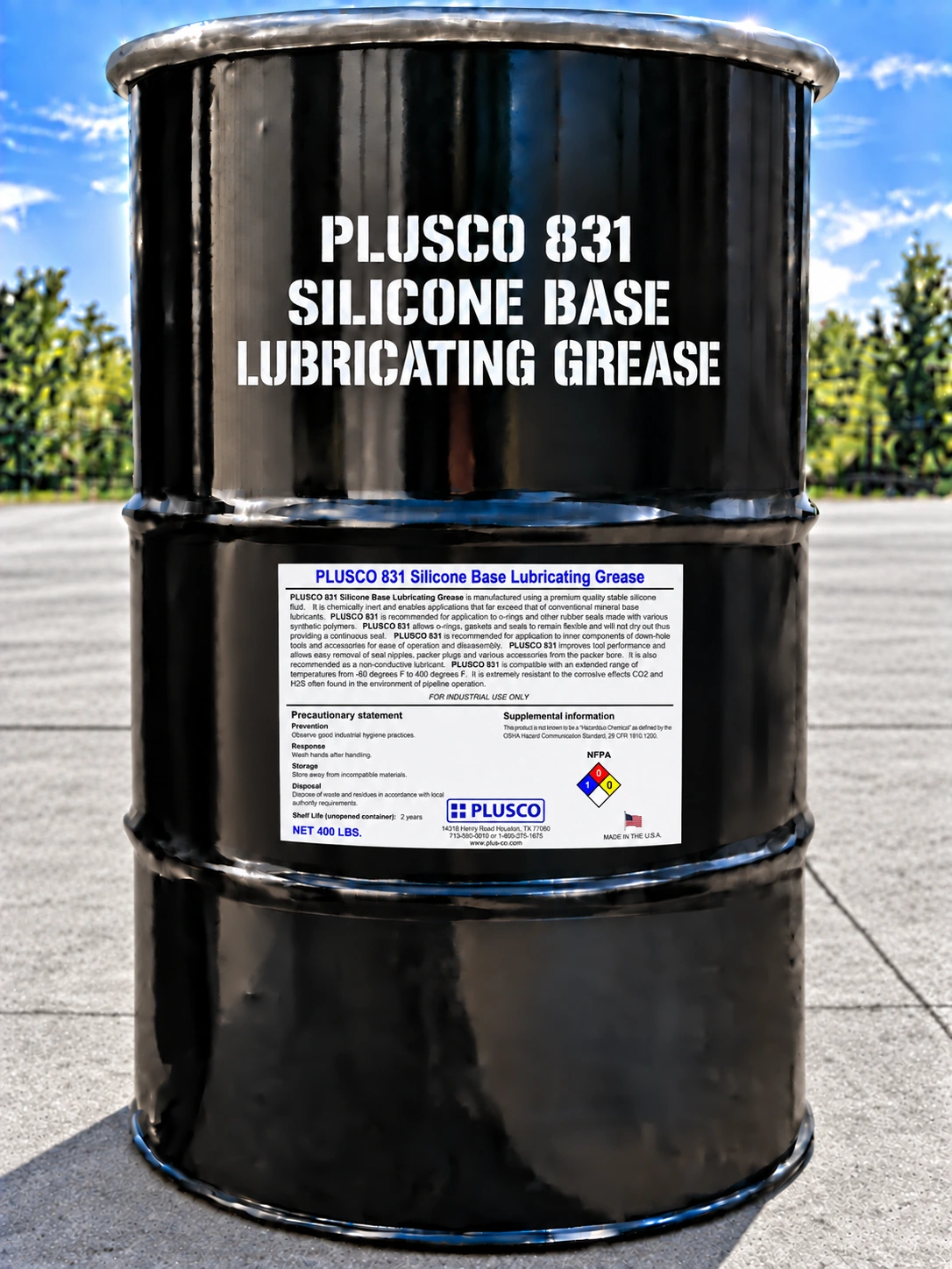 AI-generated 400-pound drum mockup for PLUSCO 831 Silicone Base Lubricating Grease