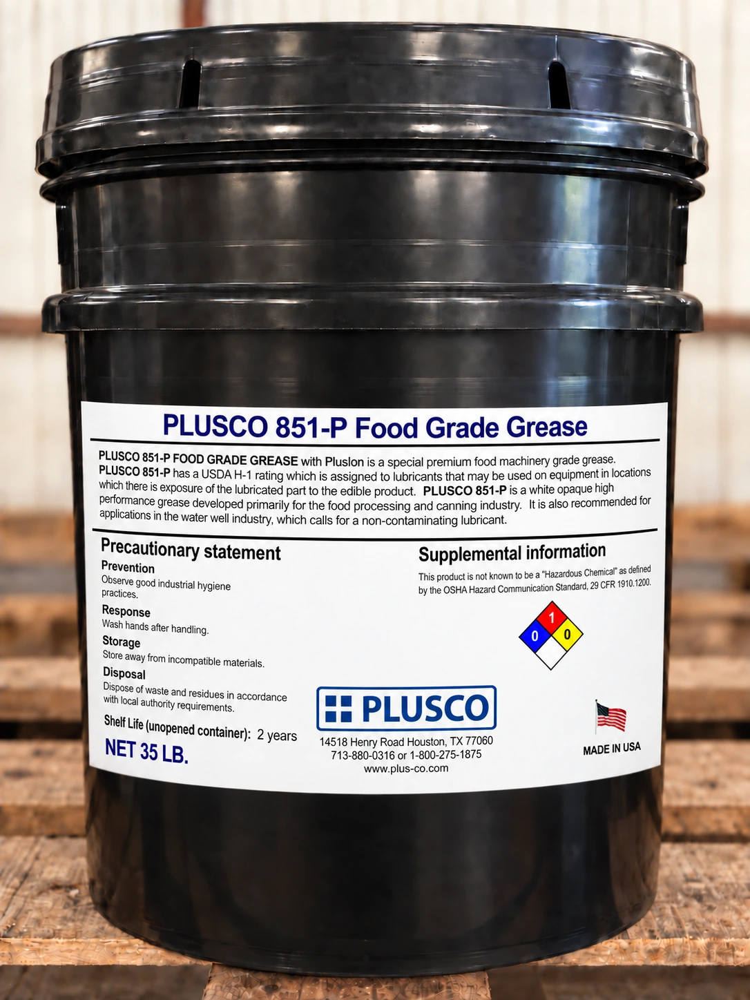 AI-generated 35-pound bucket mockup for PLUSCO 851-P Food Grade Grease