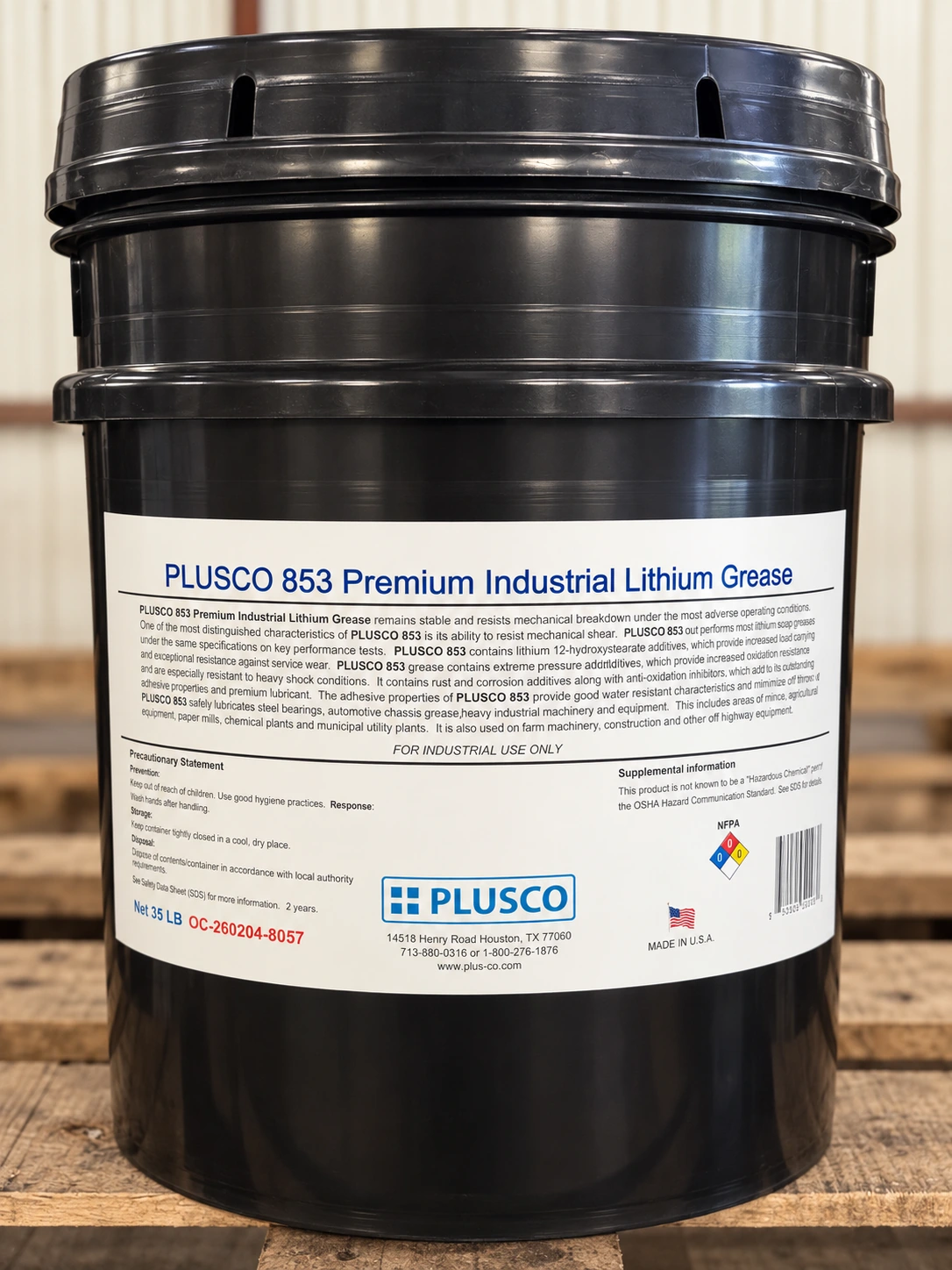 AI-retouched photo of a PLUSCO 853 Premium Industrial Lithium Grease pail