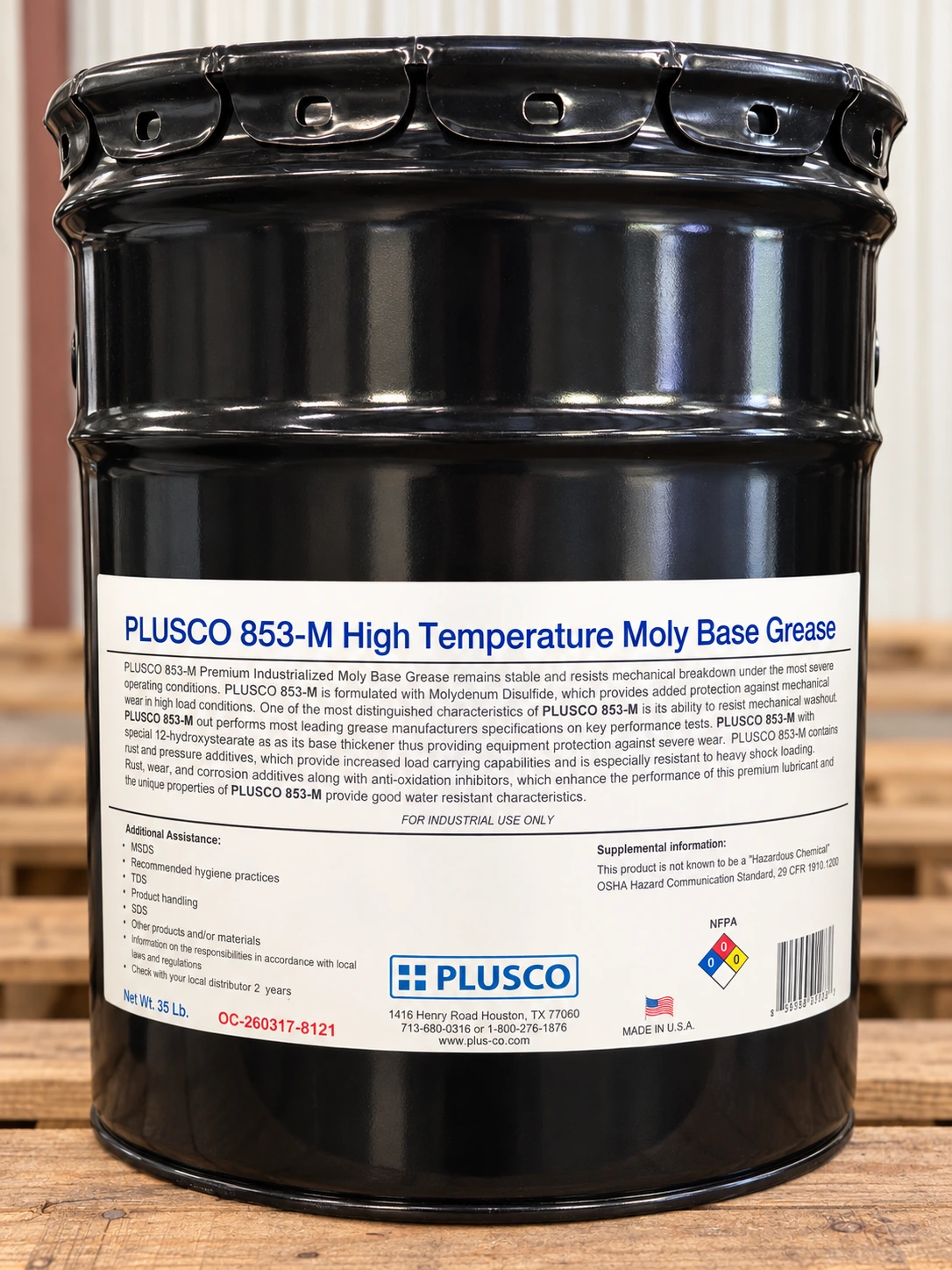 AI-retouched photo of a PLUSCO 853-M High Temperature Moly Base Grease pail