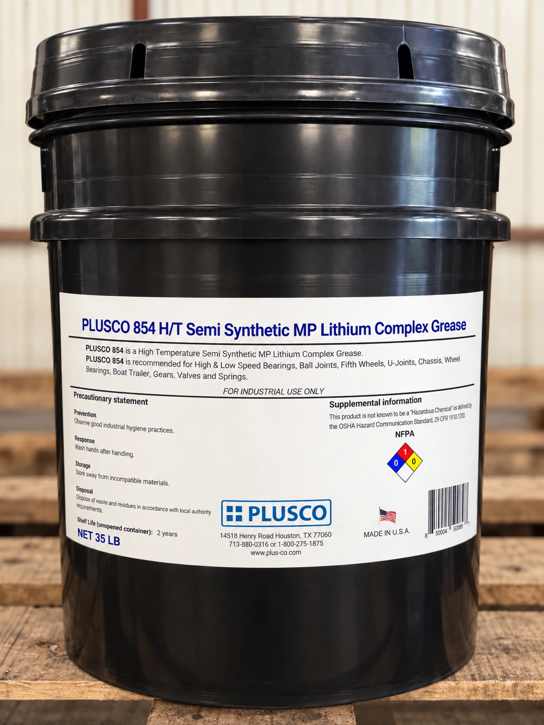 AI-generated pail mockup for PLUSCO 854 High Temp Semi Synthetic MP Lithium Complex Grease