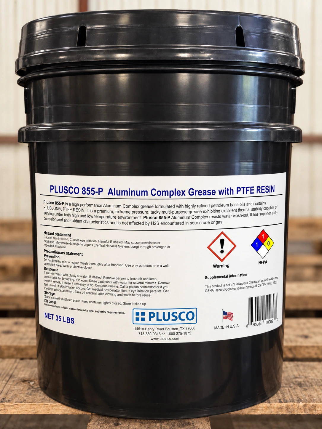 AI-generated pail mockup for PLUSCO 855P Aluminum Complex Grease with PTFE Resin