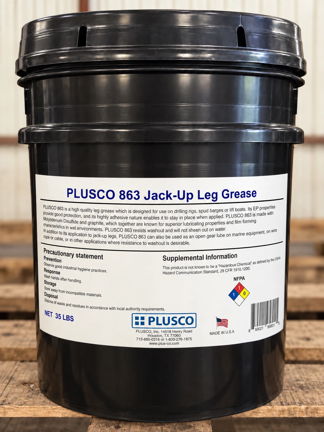 AI-generated pail mockup for PLUSCO 863 Spud Grease Jack-Up Leg Grease