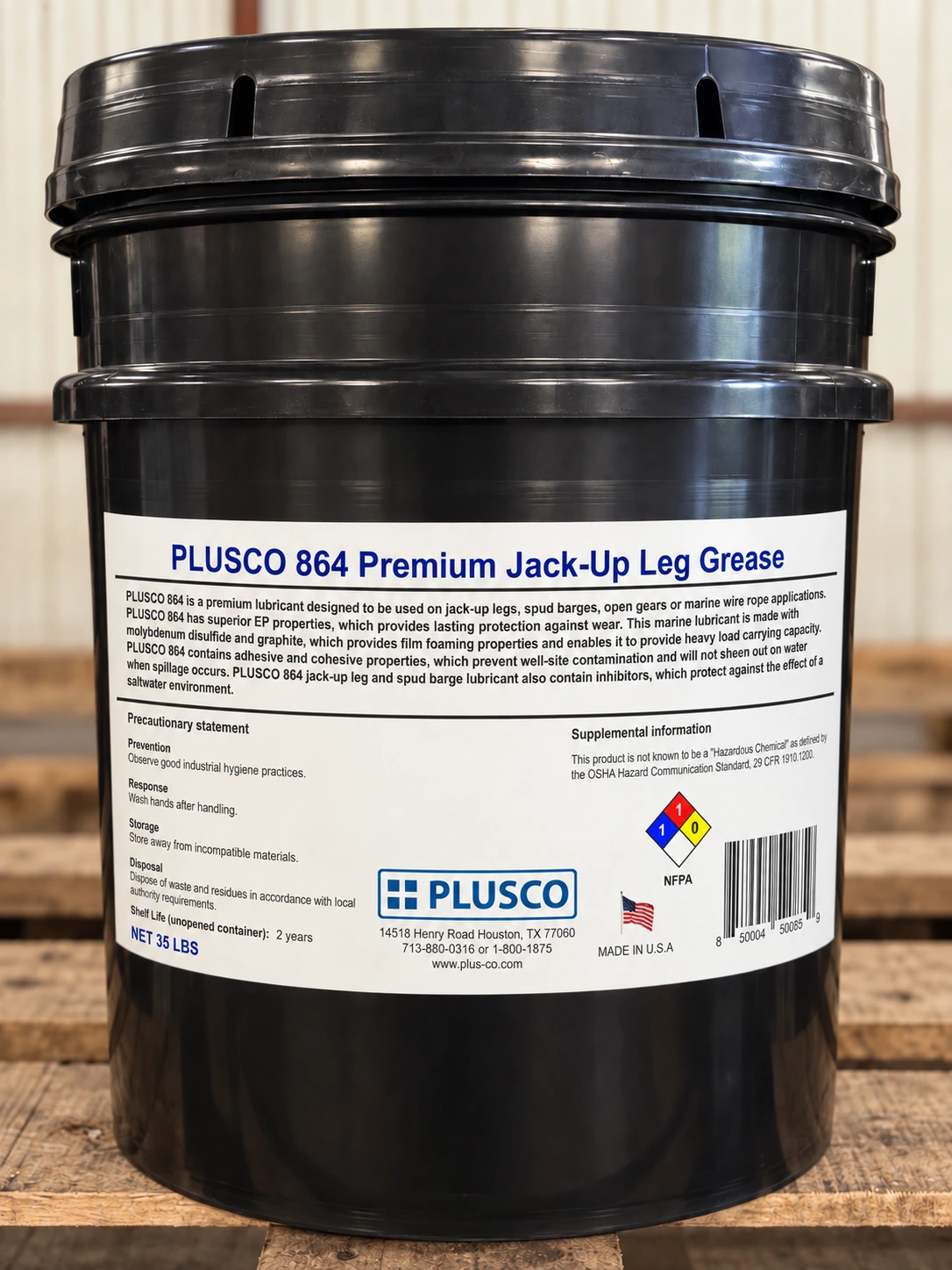 AI-generated pail mockup for PLUSCO 864 Premium Jack-Up Leg Grease