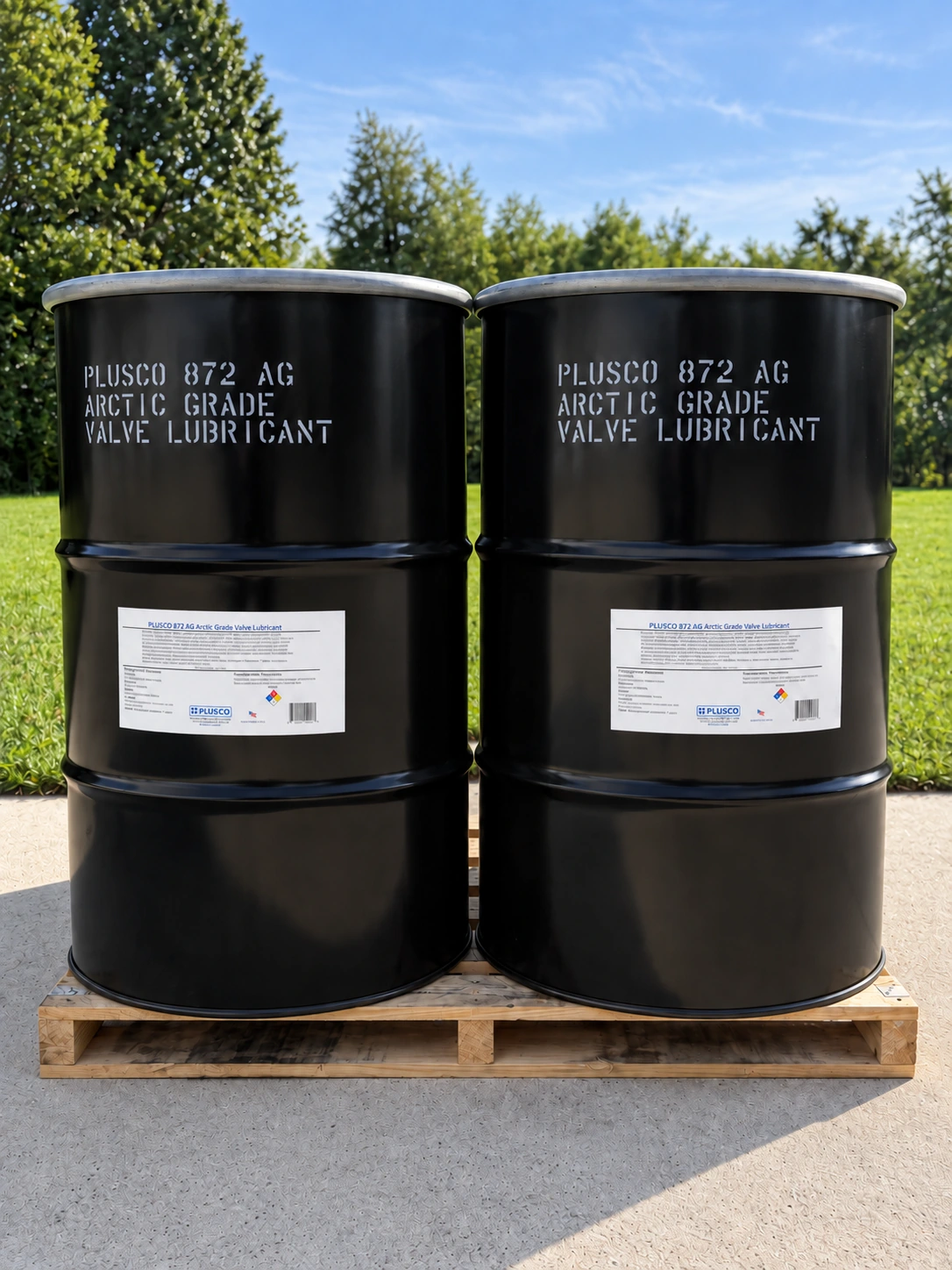 AI-retouched photo of two PLUSCO 872 AG Arctic Grade Valve Lubricant drums