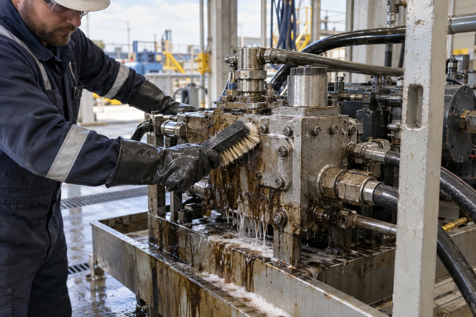 AI-generated illustration of greasy industrial equipment being cleaned for PLUSCO 900 EZ-Clean