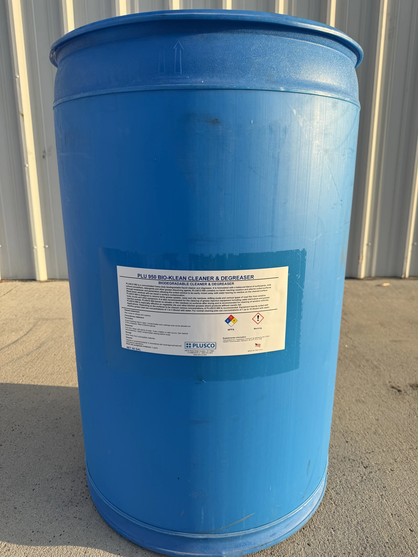 Blue drum of PLUSCO 950 Bio-Klean Cleaner and Degreaser