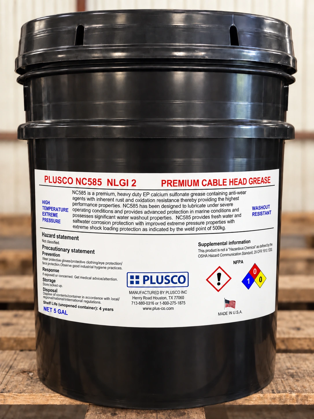 AI-generated 5-gallon bucket mockup for PLUSCO NC585 Premium Cable Head Grease