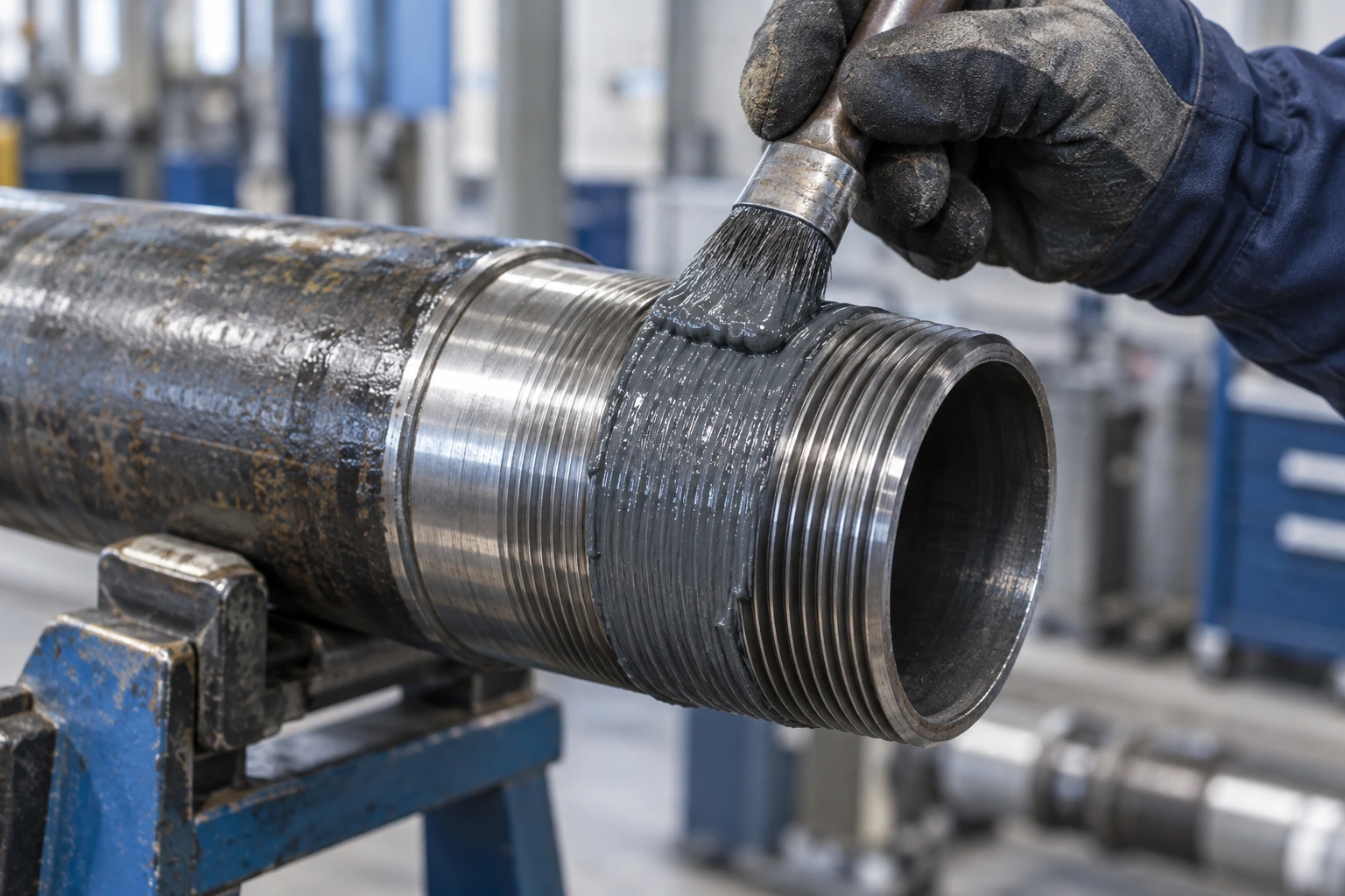 Illustration of thread compound being brushed onto a steel pipe connection